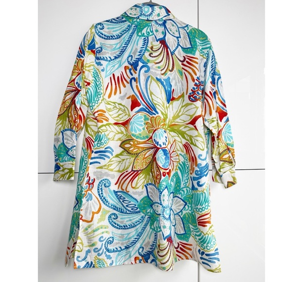 Chico’s Linen Blend Tunic Top Size 1 (Medium) Tropical Print Button Front Resort - Picture 5 of 7